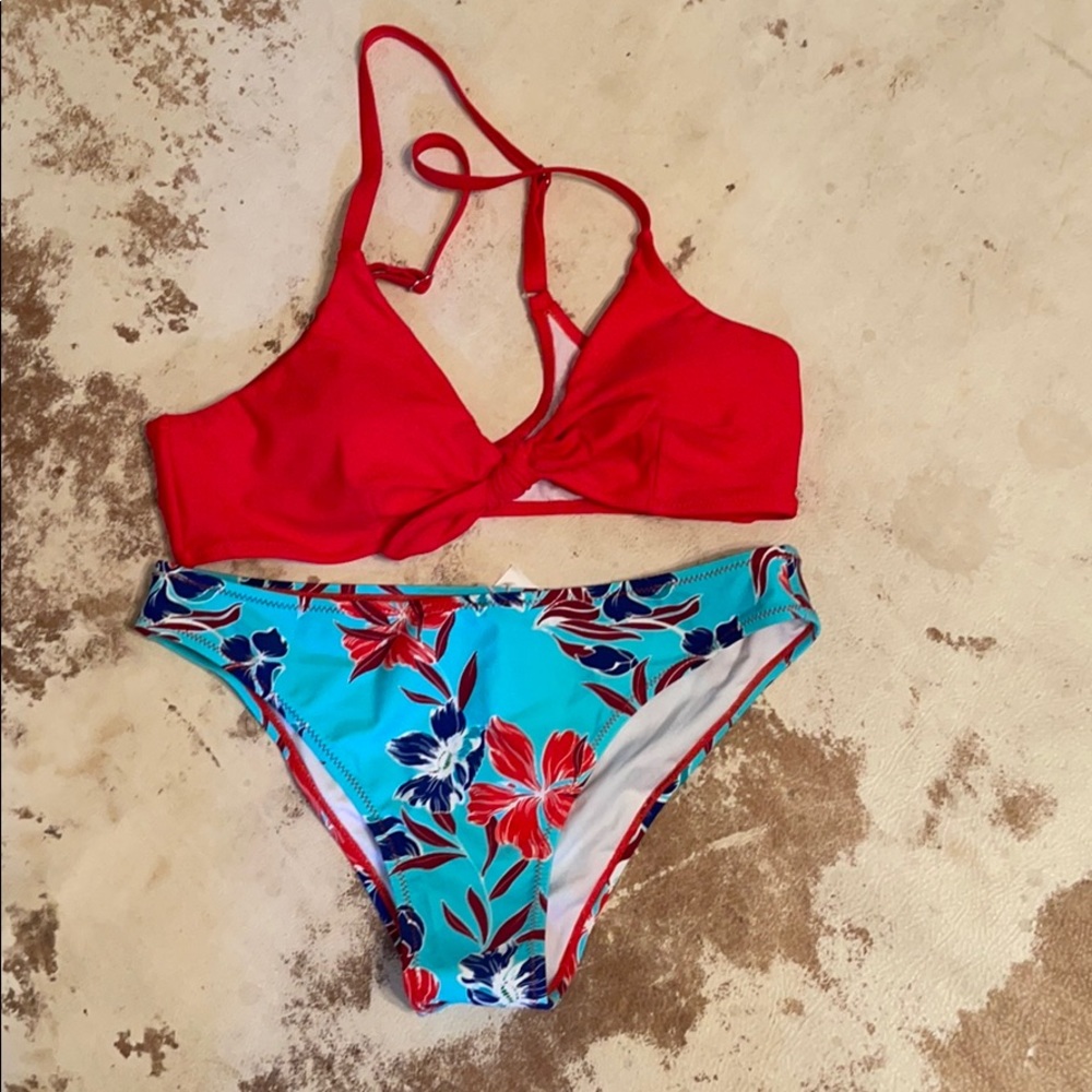 Red And Floral Print Low Waisted Bikini